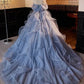 Blue Off Shoulder A-Line Ruffles Long Evening Dress Ball Gown MD7755