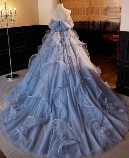 Blue Off Shoulder A-Line Ruffles Long Evening Dress Ball Gown MD7755