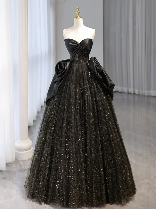 Shiny Black Sweetheart A-Line Tulle Long Formal Prom Dress MD7760