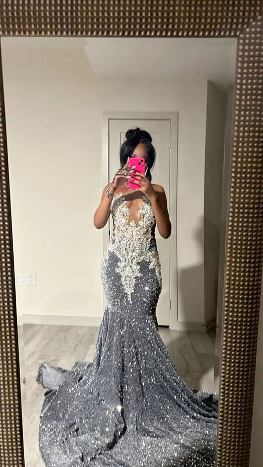 Grey Sequins Beading Mermaid Black Girl Formal Evening Gown MD7763