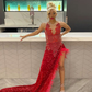 Sexy Red Sequins Black Girl Formal Evening Gown with Feathers MD7765