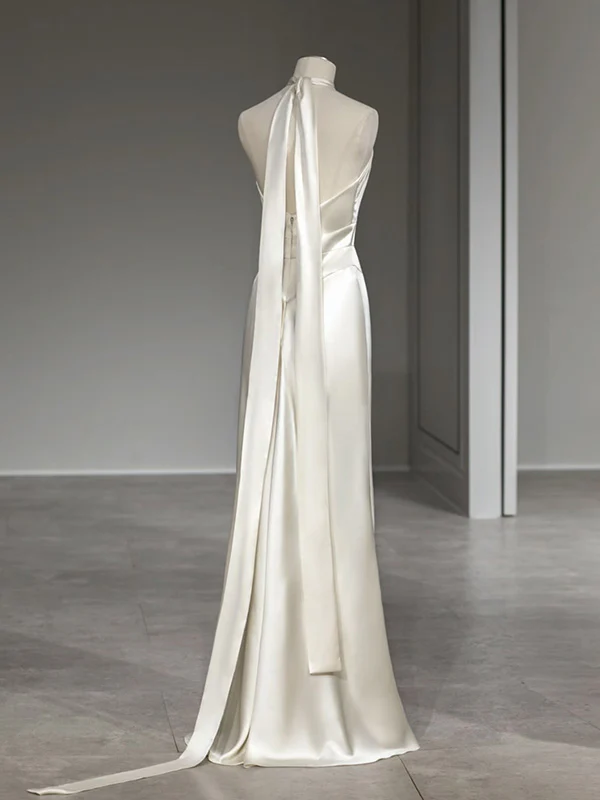 Elegant Ivory Halter Mermaid Satin Party Dress Wedding Reception Dress MD7766