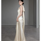 Elegant Ivory Halter Mermaid Satin Party Dress Wedding Reception Dress MD7766