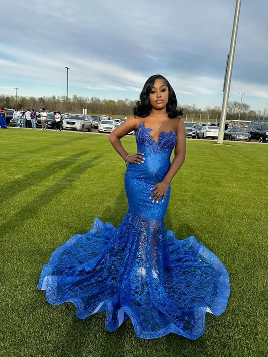 Gorgeous Royal Blue Appliques Black Girl Mermaid Long Evening Gown MD7769