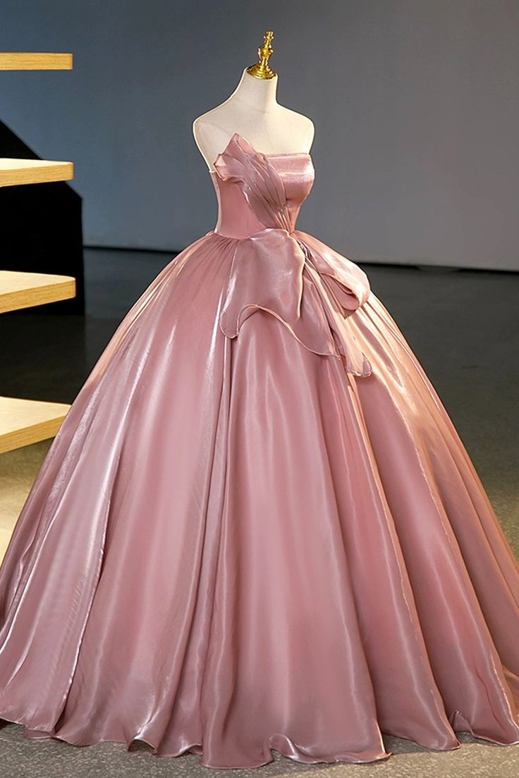 Sweet Pink Strapless A-Line Satin Long Party Dress Evening Ball Gown MD7776