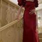 Wine Red Short Sleeves Sheath Satin Long Evening Party Dress MD7788