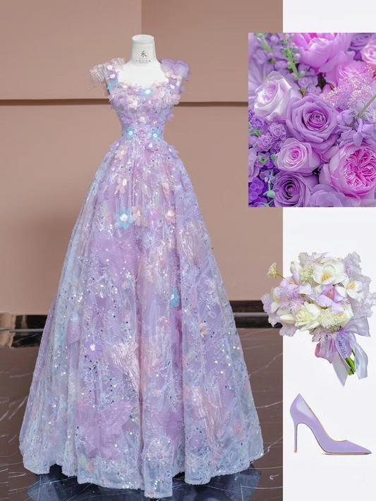 Light Purple Straps A-Line Lace Sequins Floral Long Formal Party Dress MD7808