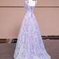 Light Purple Straps A-Line Lace Sequins Floral Long Formal Party Dress MD7808