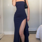 Navy Blue Strapless Sheath Long Party Dress with Split MD7811