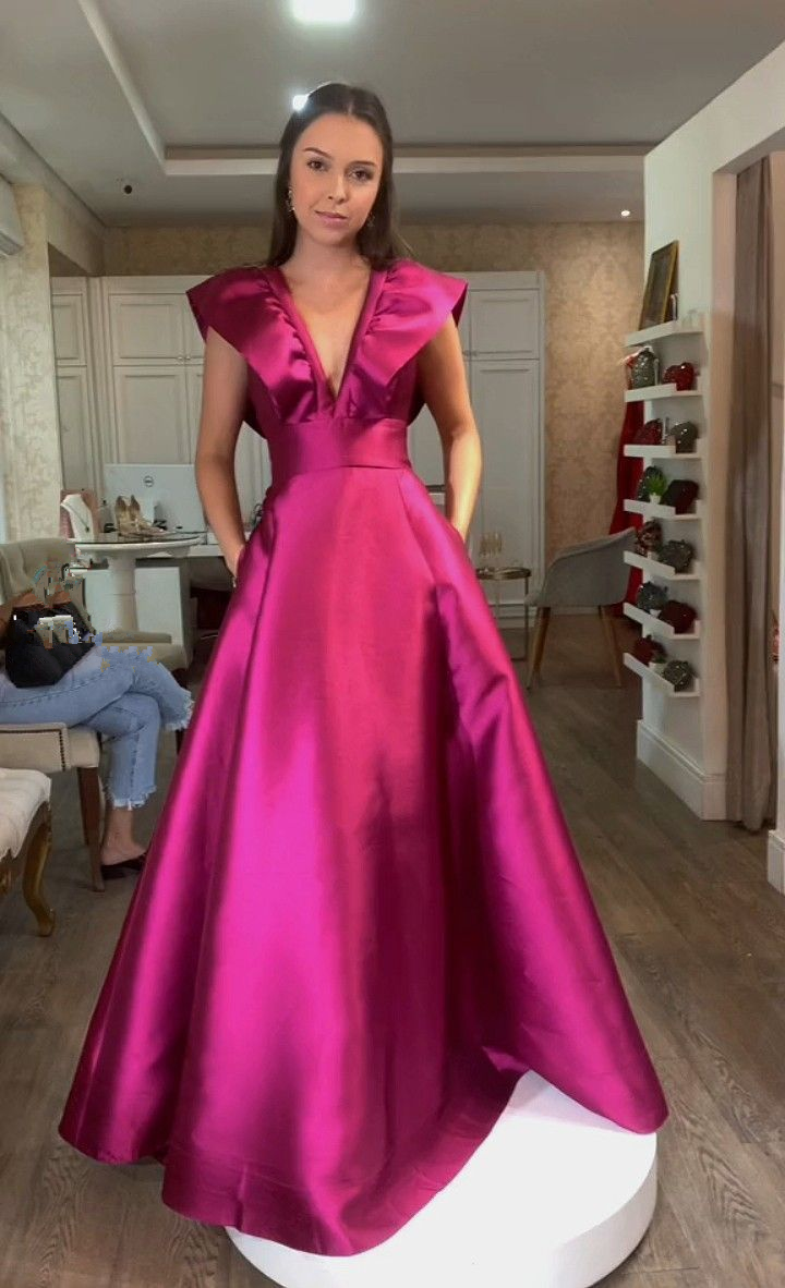 Fuchsia V Neck A-Line Satin Long Formal Party Dress Evening Gown MD7812