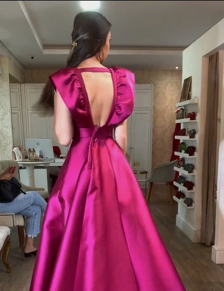 Fuchsia V Neck A-Line Satin Long Formal Party Dress Evening Gown MD7812