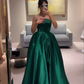 Green Satin Strapless A-Line Long Formal Party Dress Evening Gown MD7814