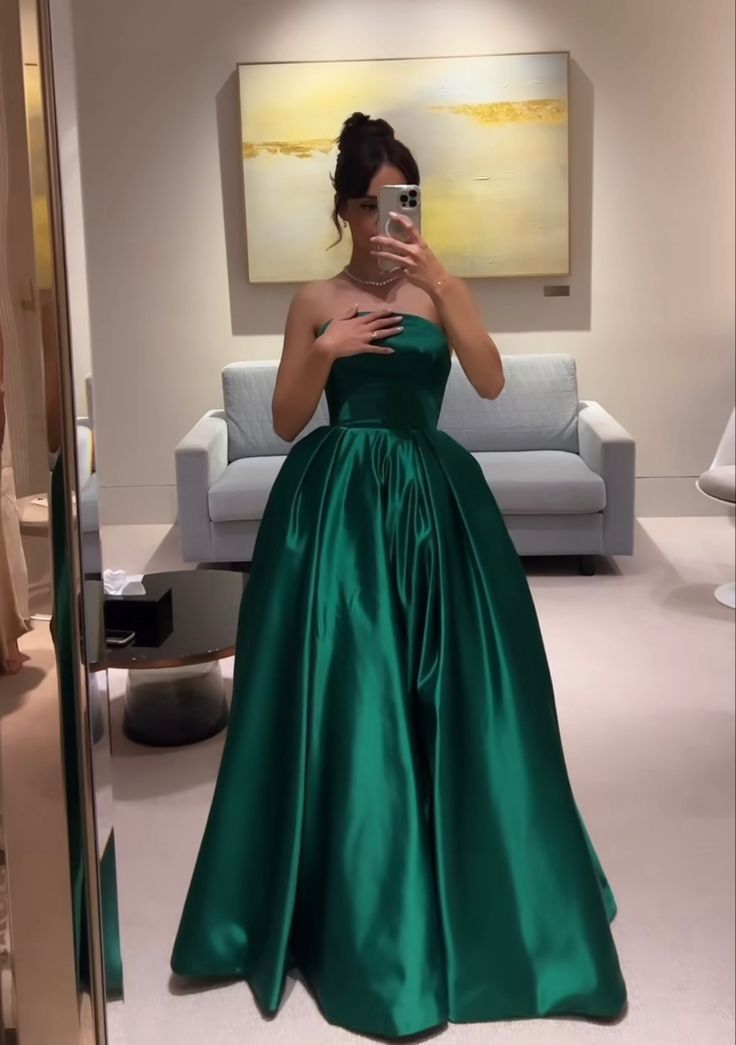 Green Satin Strapless A-Line Long Formal Party Dress Evening Gown MD7814