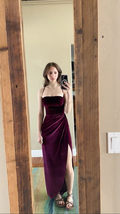 Burgundy Straps Velvet Sheath Long Formal Party Dress Evening Gown MD7815