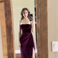 Burgundy Straps Velvet Sheath Long Formal Party Dress Evening Gown MD7815