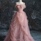 Pink Straps Tulle A-Line Long Formal Party Dress Evening Gown MD7819