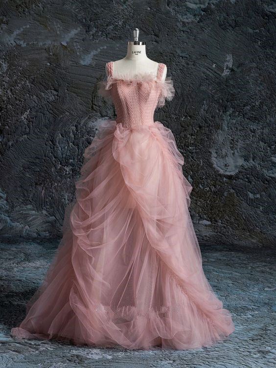 Pink Straps Tulle A-Line Long Formal Party Dress Evening Gown MD7819