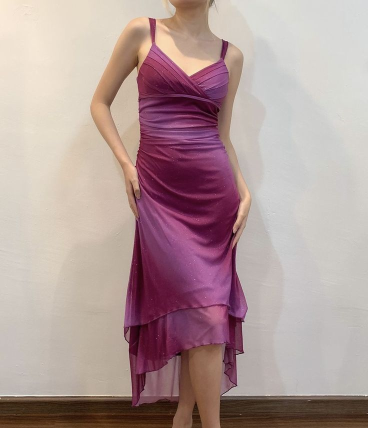 Shiny Purple V Neck Straps Sheath Vintage Party Dress Evening Gown MD7820