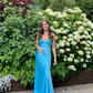 Elegant Blue V Neck Spaghetti Straps Sheath Long Party Dress MD7821