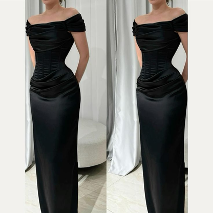 Black Off Shoulder Mermaid Satin Long Formal Evening Party Dress MD7822