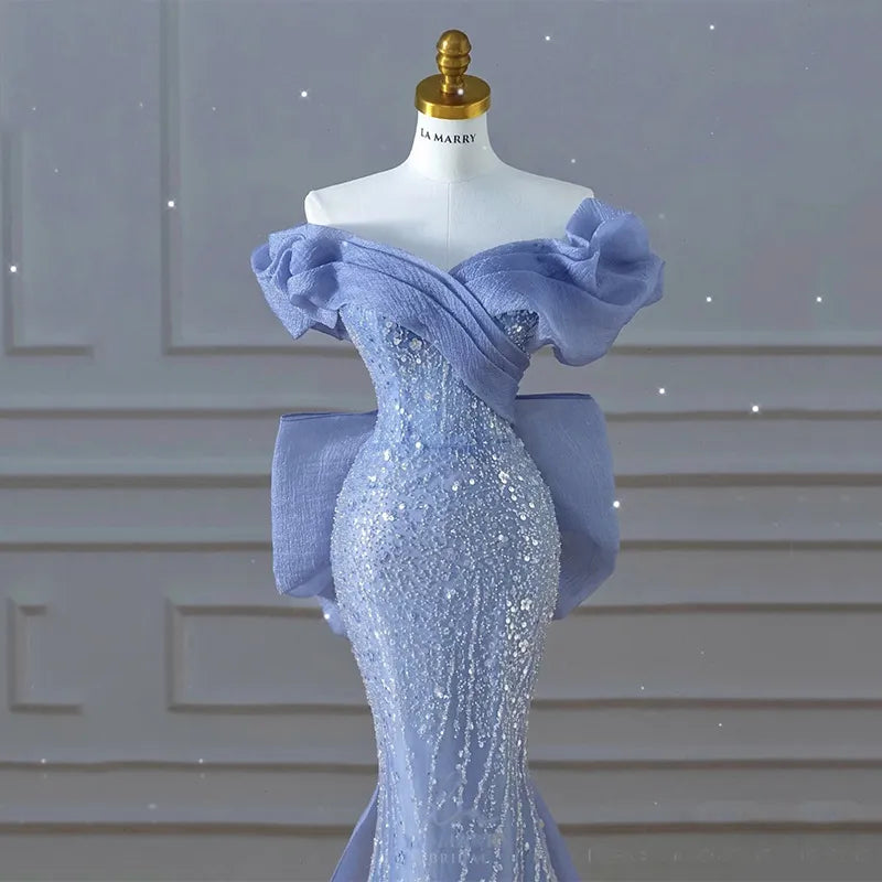 Blue Off Shoulder Mermaid Sequins Long Formal Evening Gown MD7826