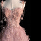 Pink Straps A-Line Tulle Floral Long Formal Evening Gown MD7827