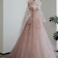 Pink Straps A-Line Tulle Floral Long Formal Evening Gown MD7827