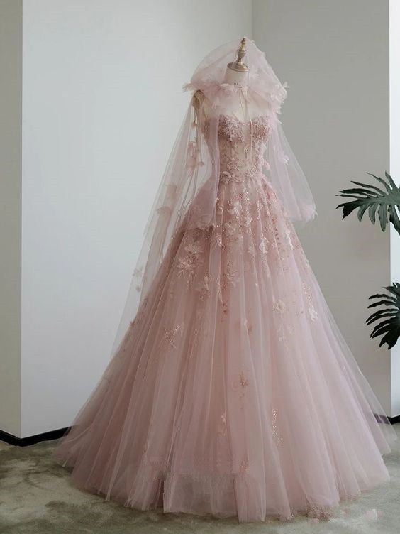 Pink Straps A-Line Tulle Floral Long Formal Evening Gown MD7827