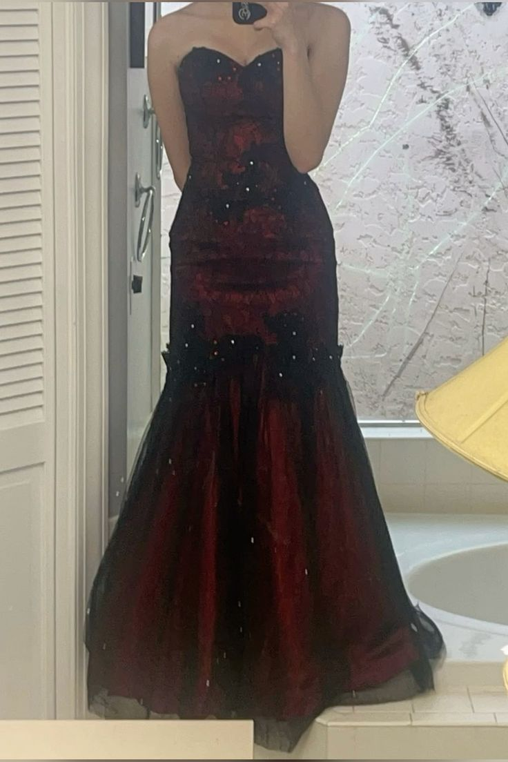 Wine Red Sweetheart Mermaid Lace Satin Long Party Dress Evening Gown MD7831