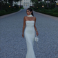 Elegant White Strapless Mermaid Satin Long Party Dress Evening Gown MD7832