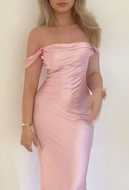 Lovely Pink Off Shoulder Sheath Satin Party Dress Wedding Guest Dress MD7834