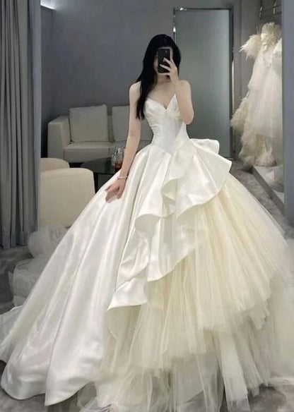 Gorgeous White A-Line Tulle Satin Ball Gown Wedding Dress MD7840