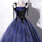 Navy Blue Straps A-Line Velvet Long Formal Evening Gown MD7841