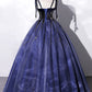 Navy Blue Straps A-Line Velvet Long Formal Evening Gown MD7841