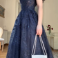 Navy Blue Straps A-Line Lace Long Prom Dress Evening Gown MD7844