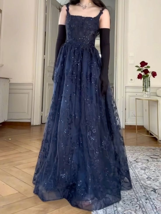 Navy Blue Straps A-Line Lace Long Prom Dress Evening Gown MD7844