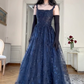 Navy Blue Straps A-Line Lace Long Prom Dress Evening Gown MD7844