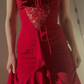 Red Spaghetti Straps Sheath Lace Long Prom Dress Evening Gown MD7845