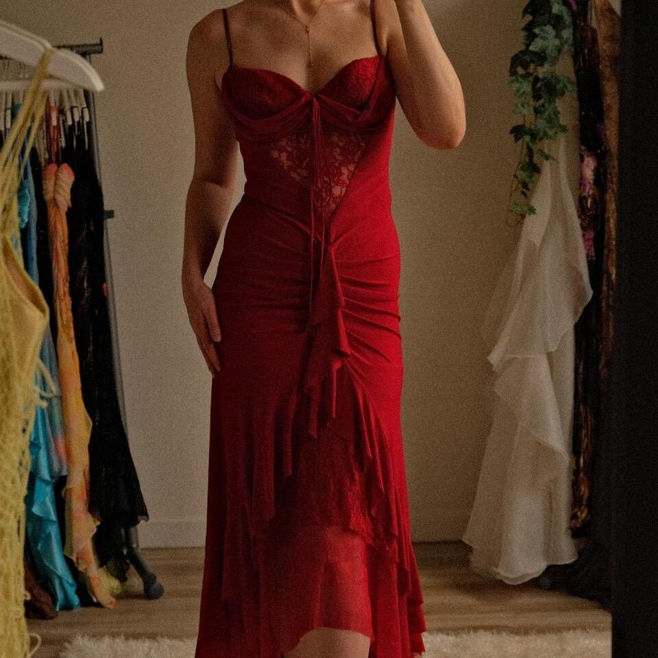 Red Spaghetti Straps Sheath Lace Long Prom Dress Evening Gown MD7845