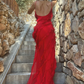 Red Spaghetti Straps Sheath Ruffles Long Prom Dress Evening Gown MD7847