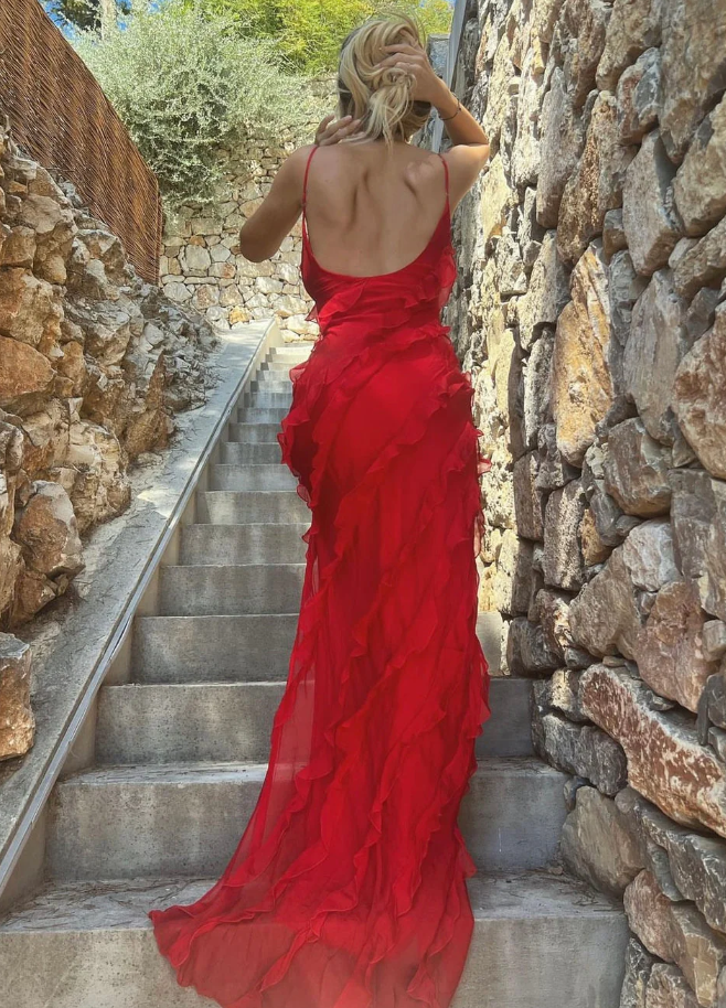 Red Spaghetti Straps Sheath Ruffles Long Prom Dress Evening Gown MD7847