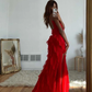 Red Spaghetti Straps Sheath Ruffles Long Prom Dress Evening Gown MD7847