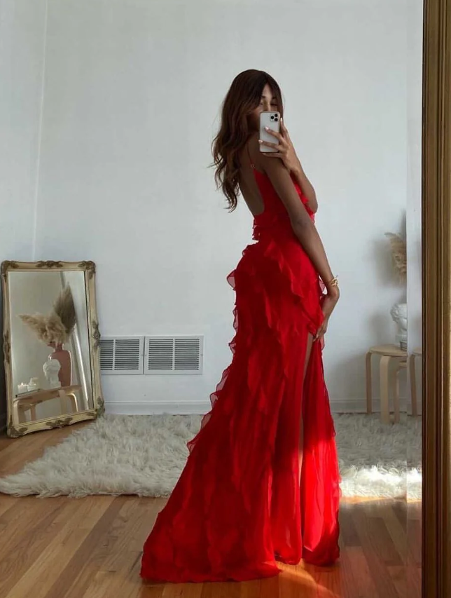 Red Spaghetti Straps Sheath Ruffles Long Prom Dress Evening Gown MD7847