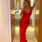 Red Spaghetti Straps Sheath Ruffles Long Prom Dress Evening Gown MD7847