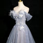 Gray Blue A-Line Tulle Lace Long Prom Dress Off the Shoulder Evening Party Dress, MD7850