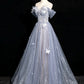 Gray Blue A-Line Tulle Lace Long Prom Dress Off the Shoulder Evening Party Dress, MD7850