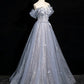 Gray Blue A-Line Tulle Lace Long Prom Dress Off the Shoulder Evening Party Dress, MD7850