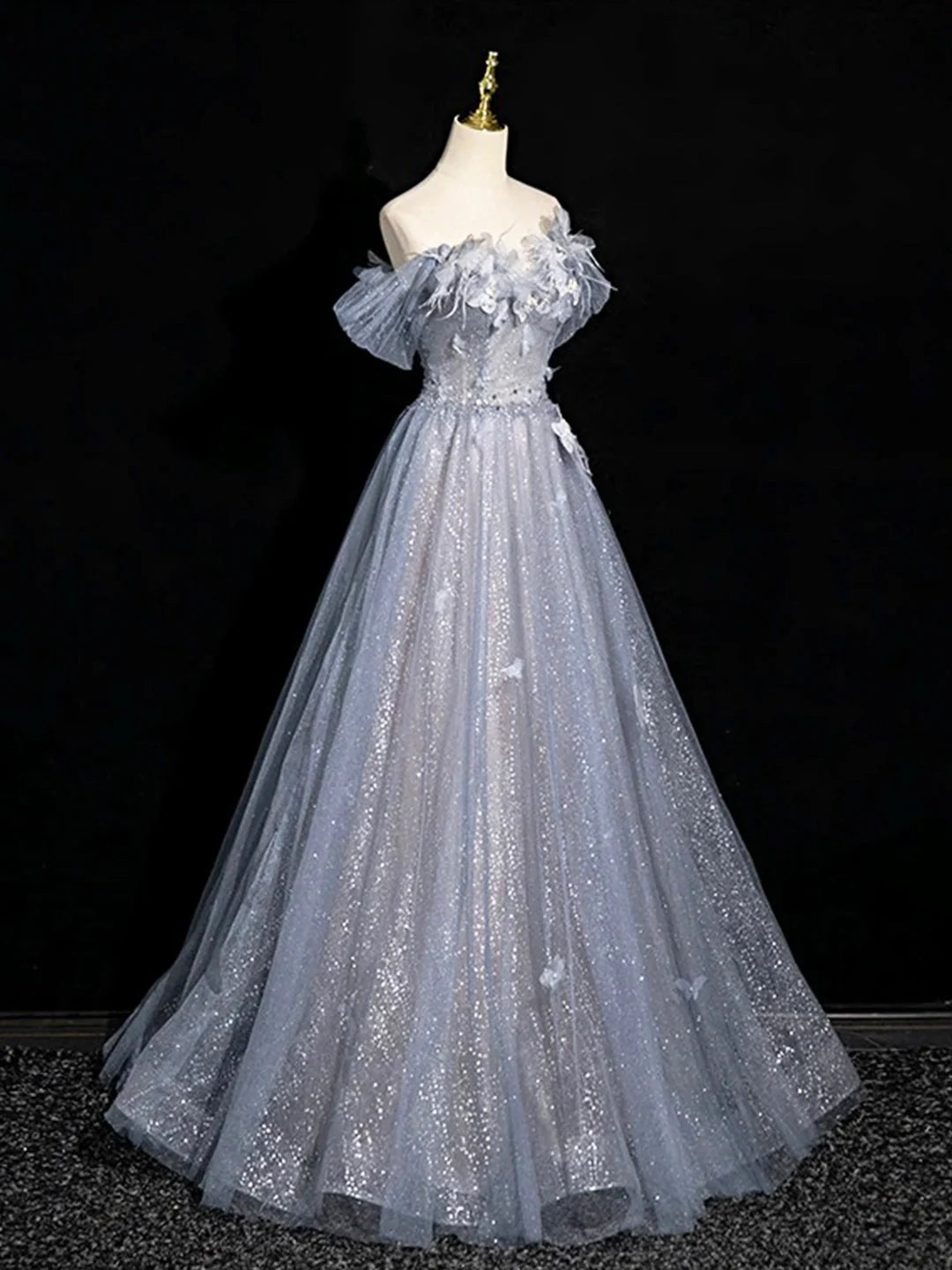 Gray Blue A-Line Tulle Lace Long Prom Dress Off the Shoulder Evening Party Dress, MD7850