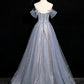 Gray Blue A-Line Tulle Lace Long Prom Dress Off the Shoulder Evening Party Dress, MD7850