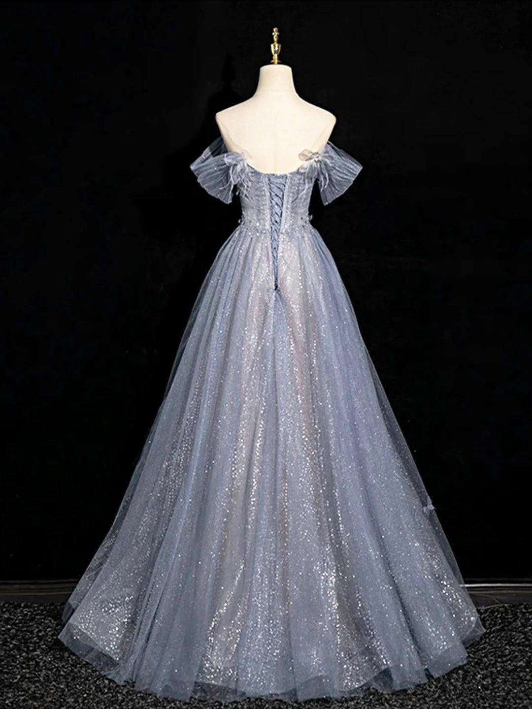 Gray Blue A-Line Tulle Lace Long Prom Dress Off the Shoulder Evening Party Dress, MD7850